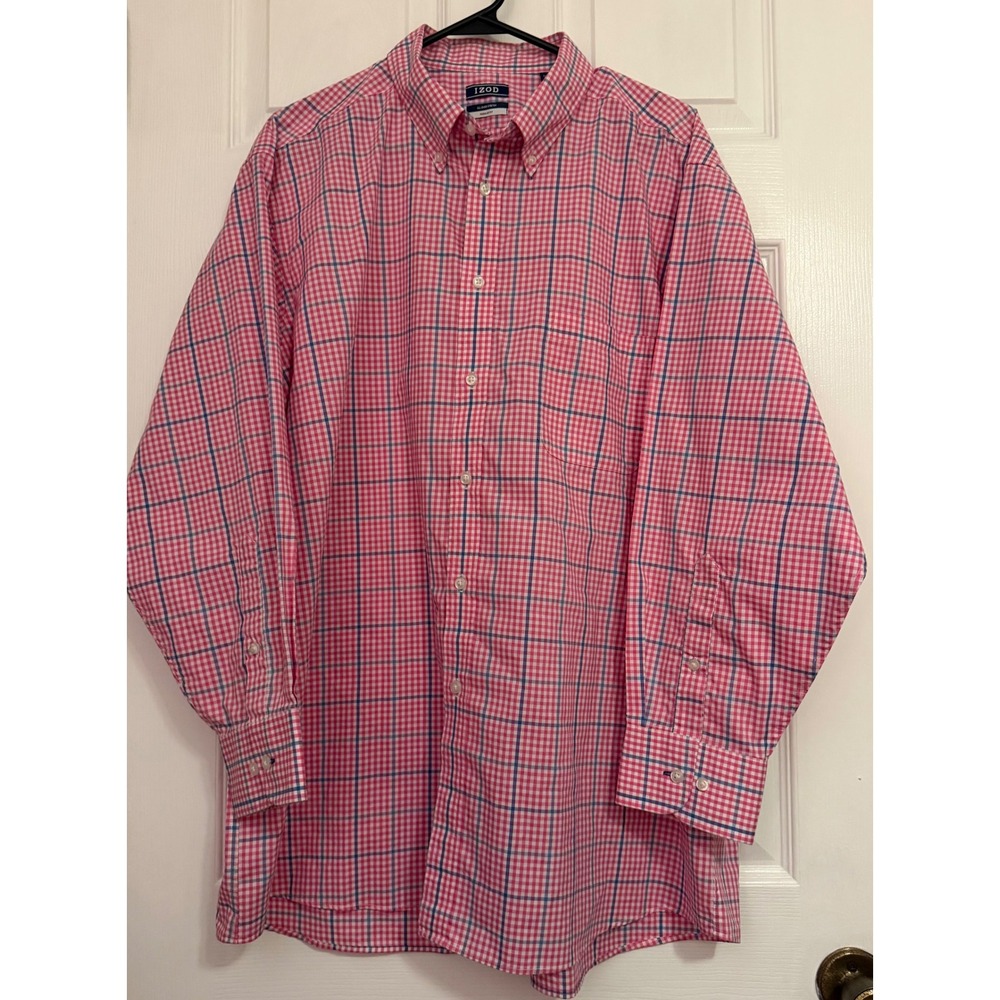 IZOD Mens XL Regular Fit Stretch Button Down Shirt Pink Blue Tattersall Check